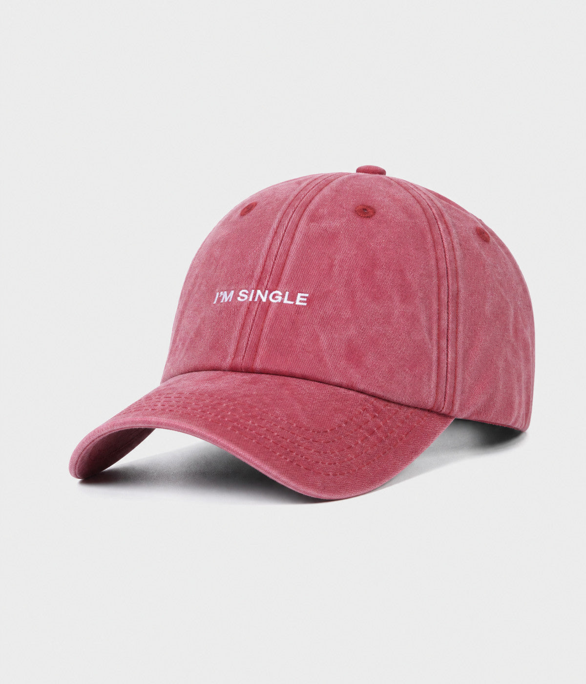 WASHED I'M SINGLE. washed cotton dad cap in RED, side view