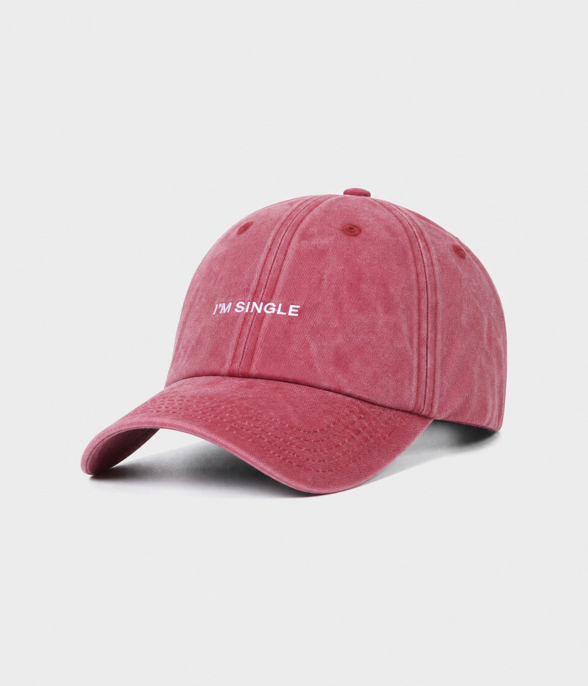WASHED I'M SINGLE. washed cotton dad cap in RED, side view