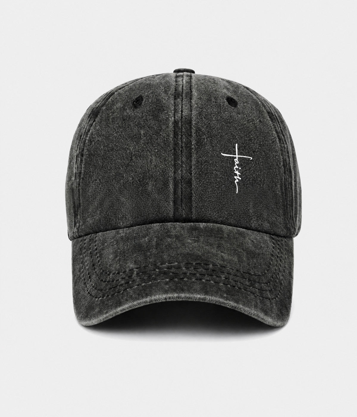 FAITH CROSS. washed cotton cap in BLACK, front view