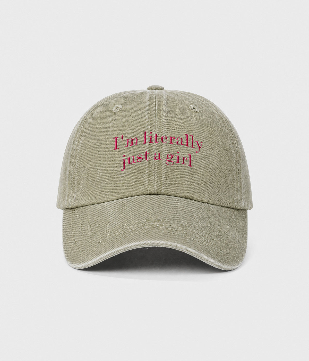 I'M LITERALLY JUST A GIRL. washed cotton cap in KHAKI, front view