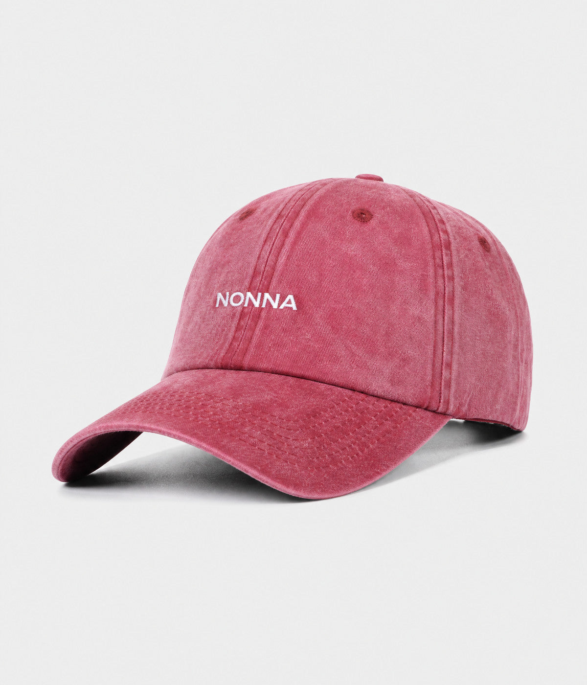 WASHED NONNA. washed cotton dad cap in RED, side view