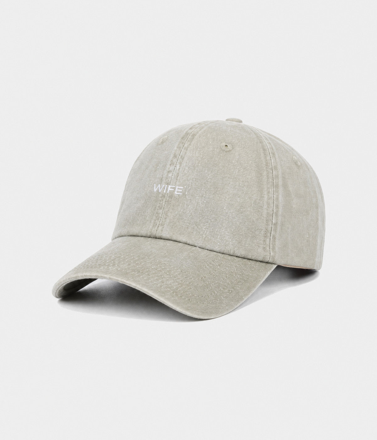 WASHED WIFE. washed cotton dad cap in GRAYISH SHEEN, side view
