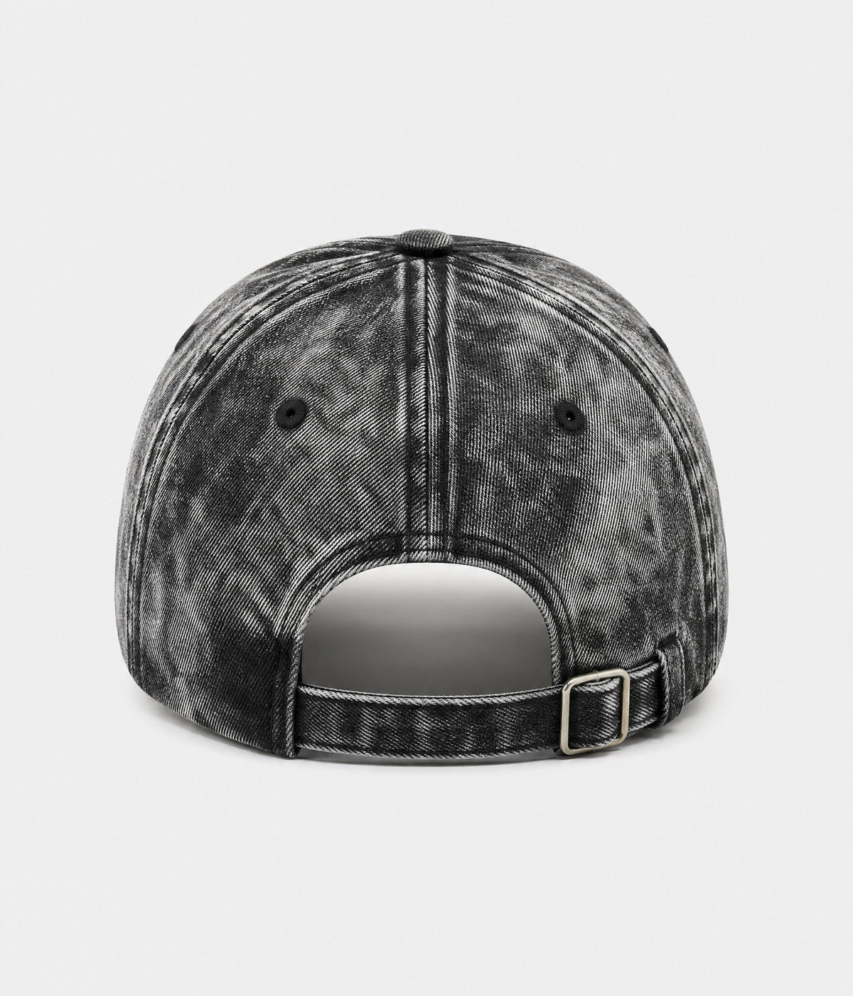 SNOW WASH DENIM. acid-washed denim cap in black, back view