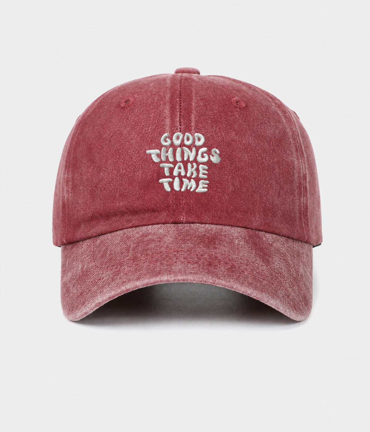 GOOD THINGS TAKE TIME. washed cotton dad cap in red, front view