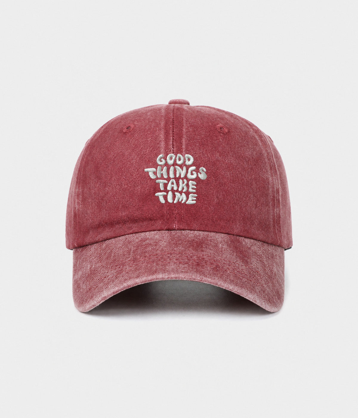 GOOD THINGS TAKE TIME. washed cotton dad cap in red, front view