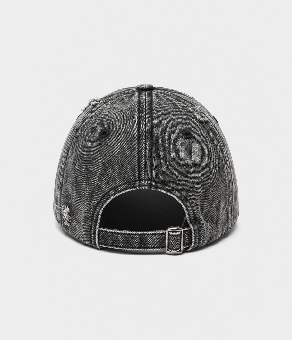 SHREDDED DENIM. acid-wash cotton denim cap in black, back view