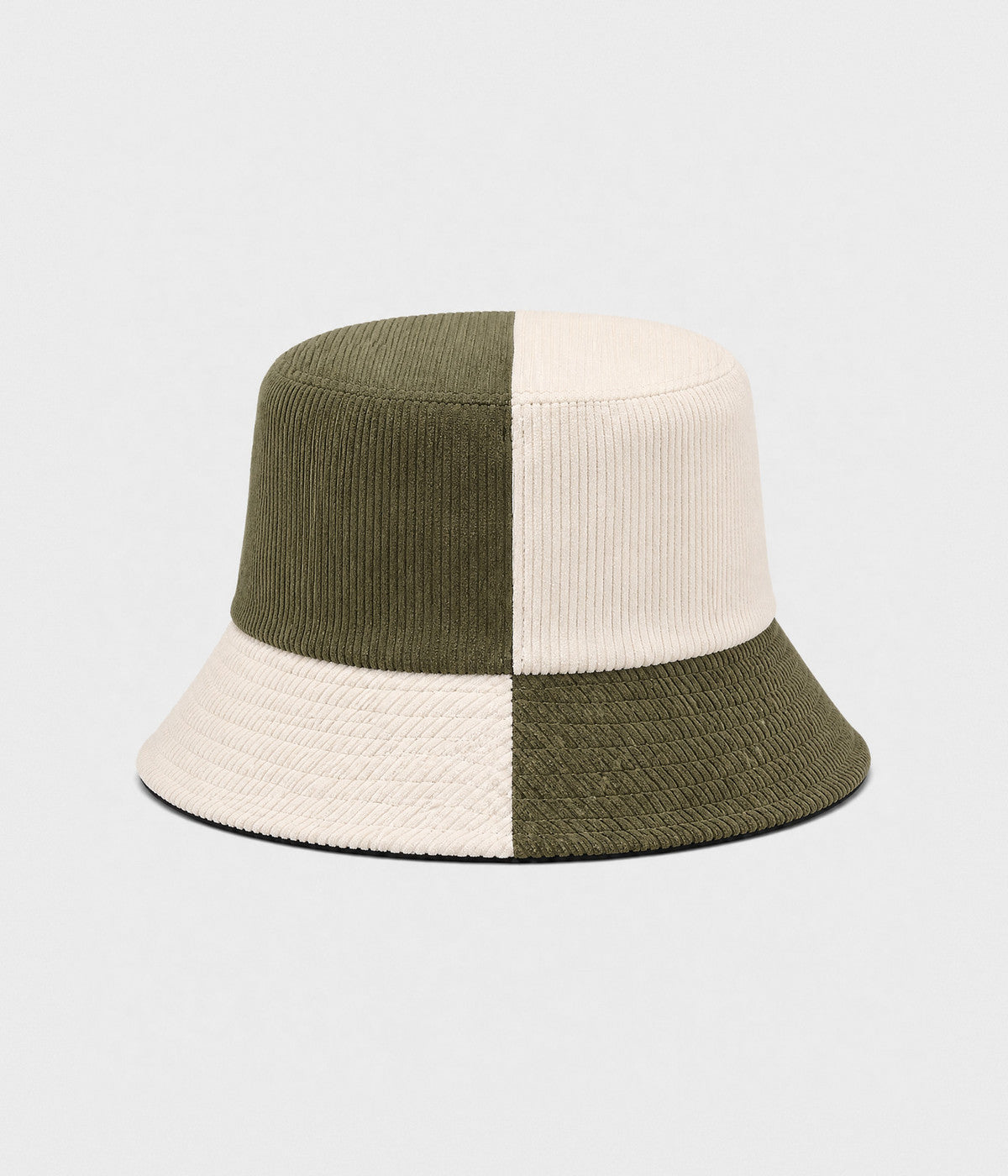 PATCHWORK BUCKET. corduroy bucket hat in OLIVE BEIGE, front view
