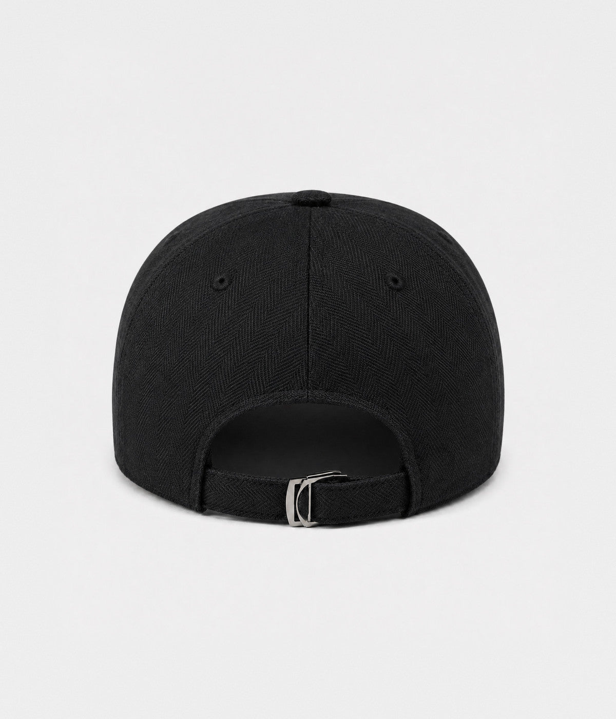 HERRINGBONE LINEN CAP. herringbone linen cap in black, back view