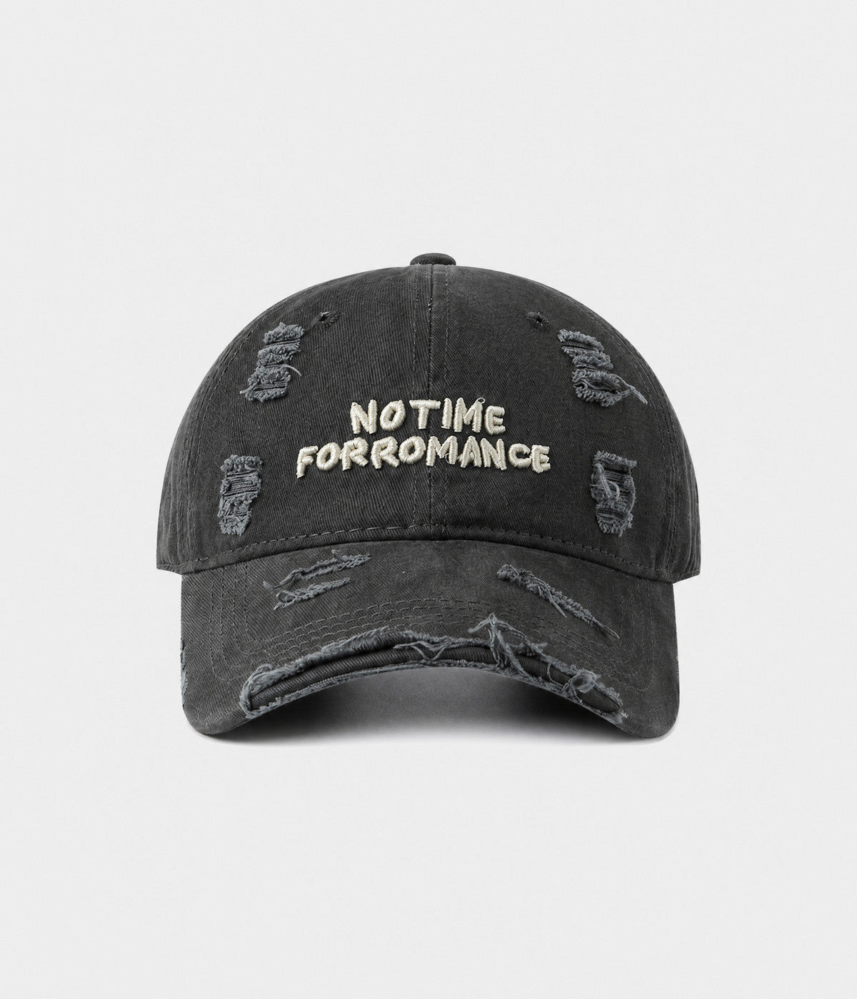 NO TIME FOR ROMANCE. washed cotton cap in DARK GRAY, front view