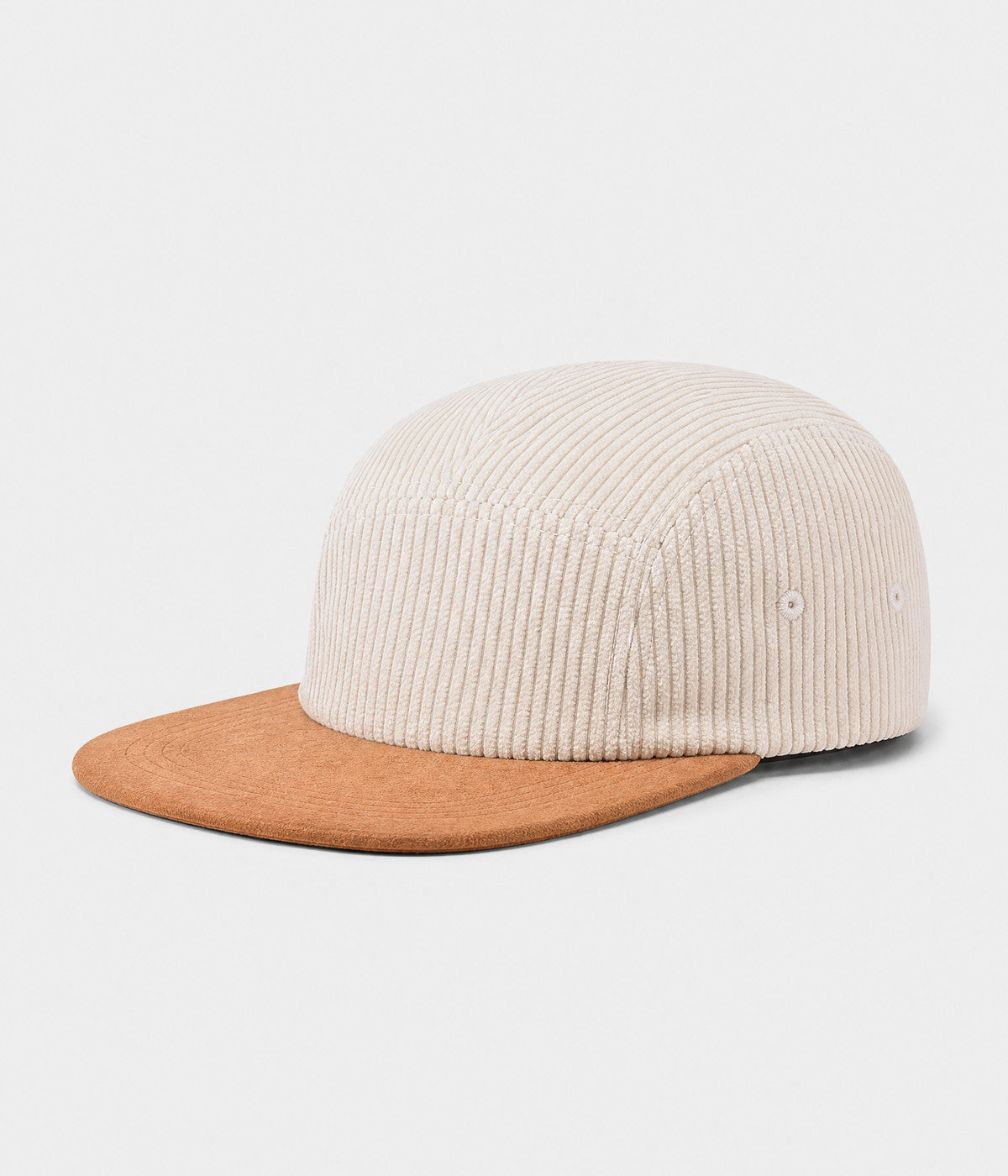 CORDUROY CAMP. wide-wale corduroy five-panel camp cap in beige, side view