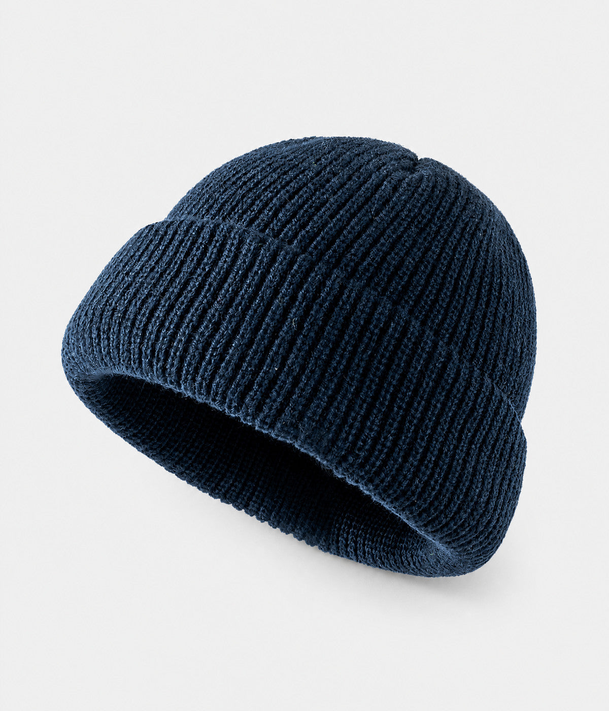 5 PANEL FISHERMAN BEANIE. ribbed knit beanie in NAVY, front view