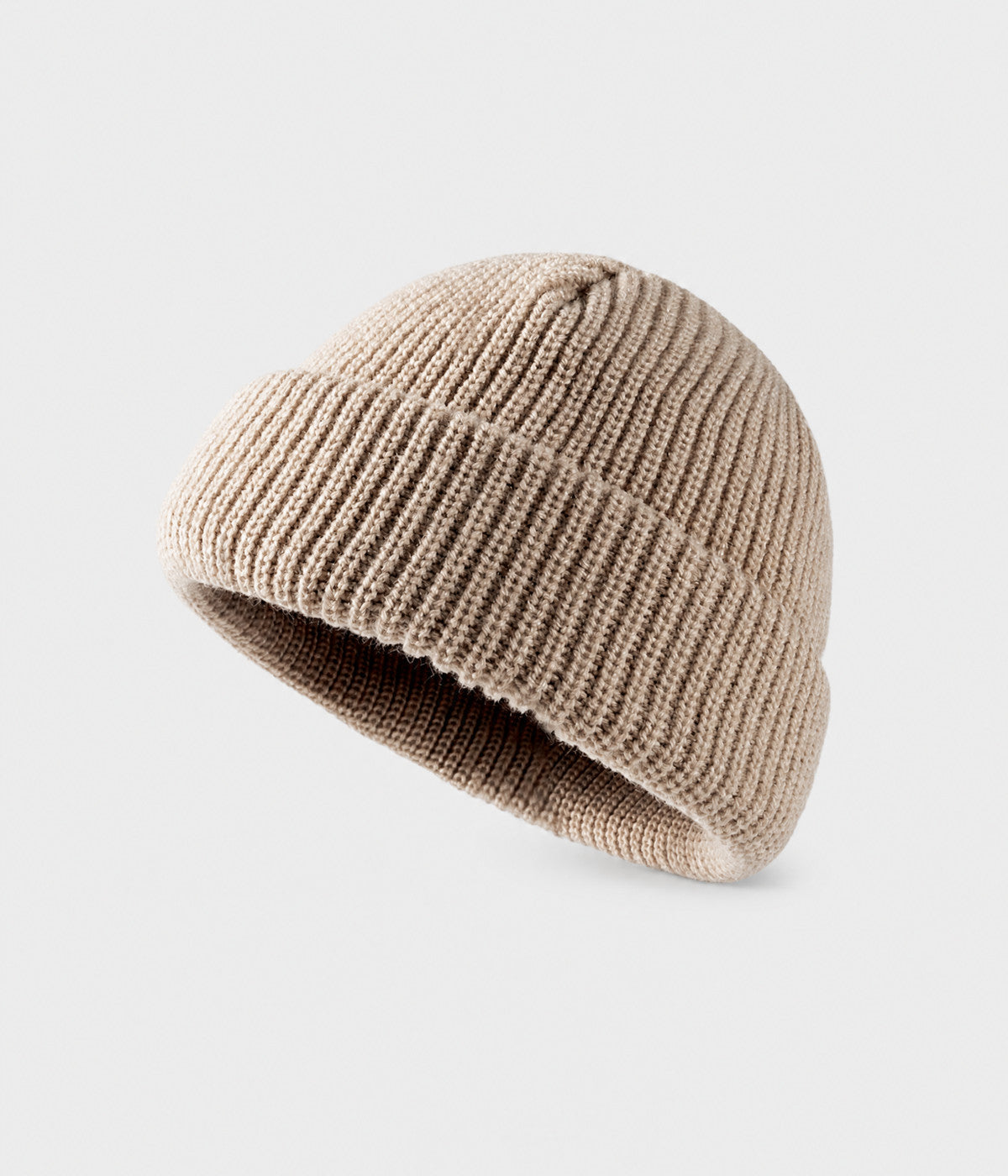5 PANEL FISHERMAN BEANIE. ribbed knit beanie in BEIGE, front view