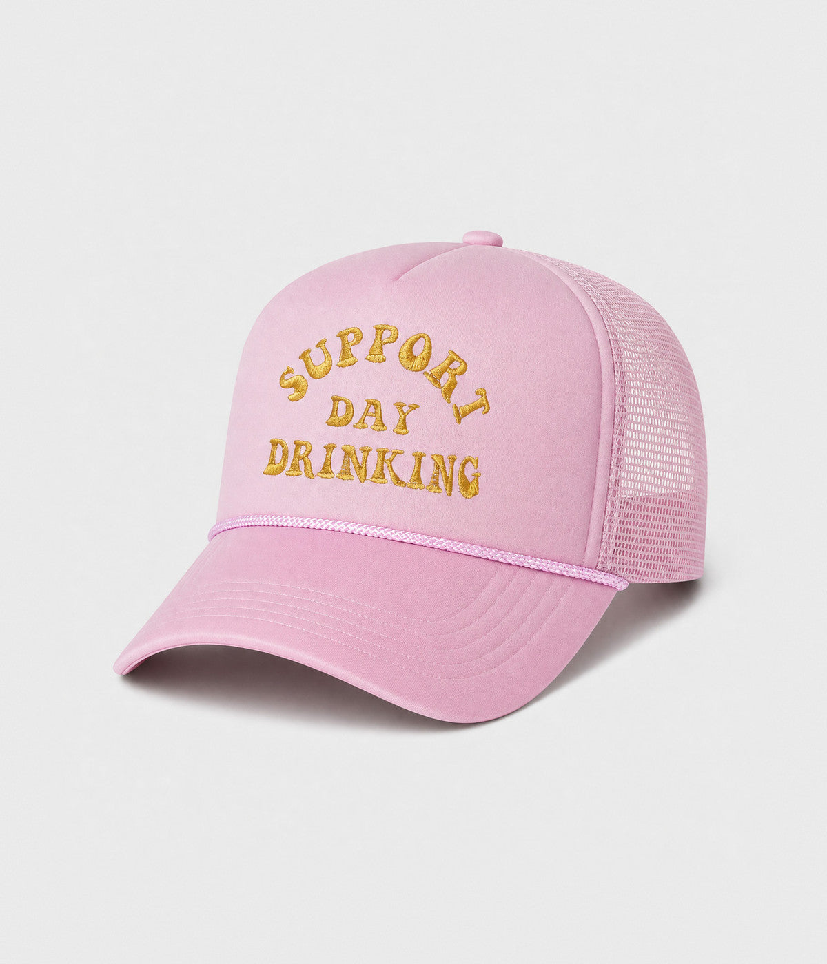 SUPPORT DAY DRINKING TRUCKER. foam-front mesh trucker cap in PINK, side view