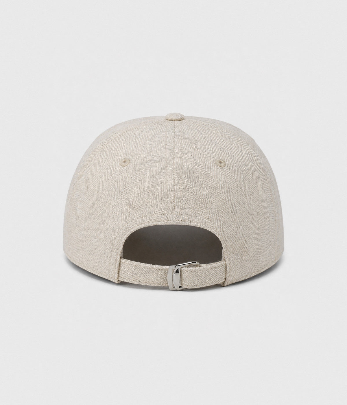 HERRINGBONE LINEN CAP. herringbone linen cap in beige, back view