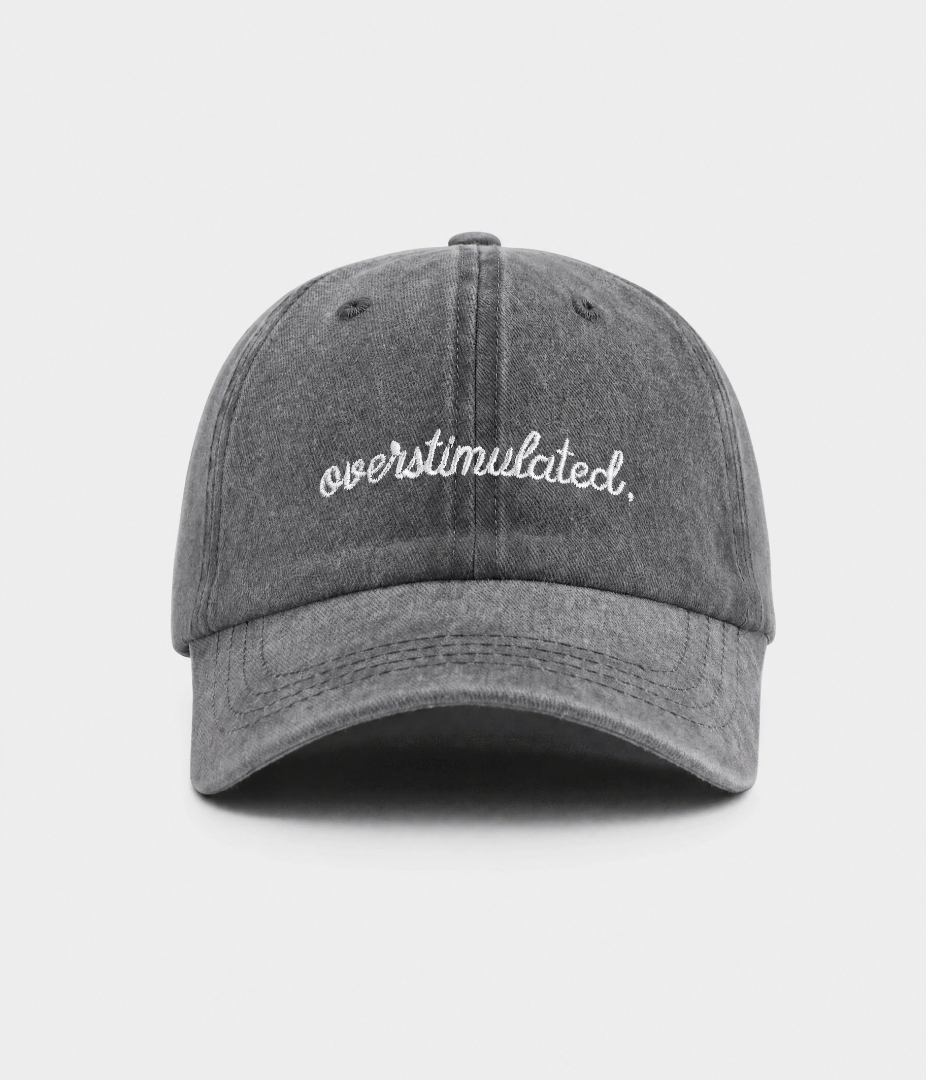 OVERSTIMULATED. washed cotton dad cap in gray, front view