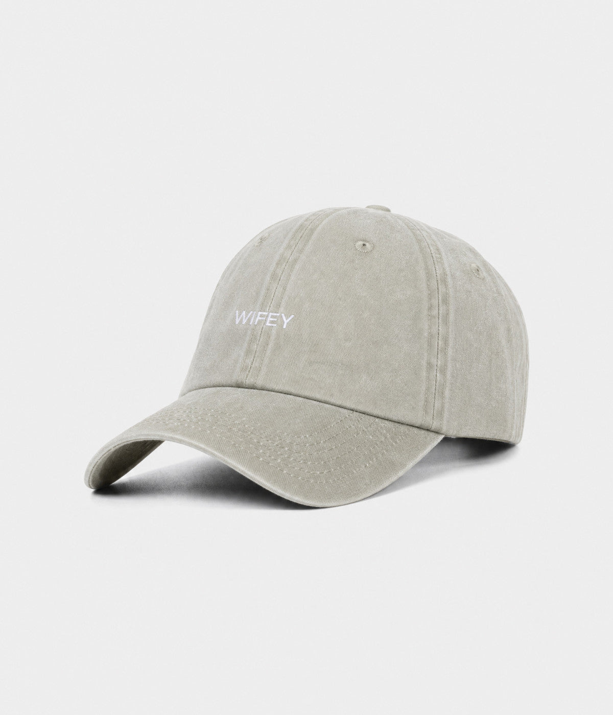 WASHED WIFEY. washed cotton dad cap in GRAYISH SHEEN, side view
