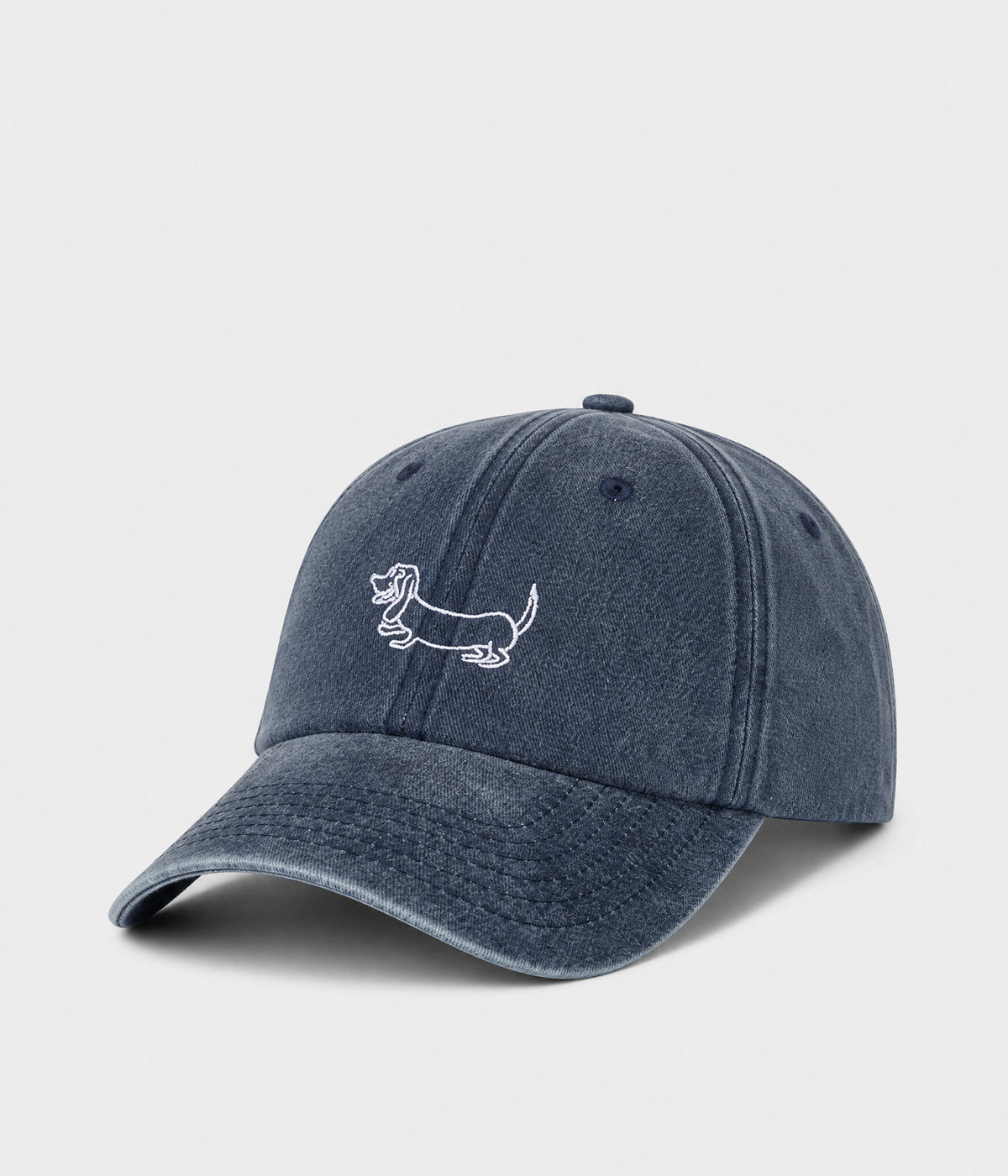 WASHED SAUSAGE DOG. washed cotton cap in NAVY, side view