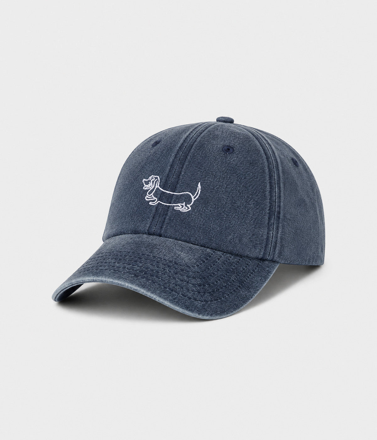 WASHED SAUSAGE DOG. washed cotton cap in NAVY, side view