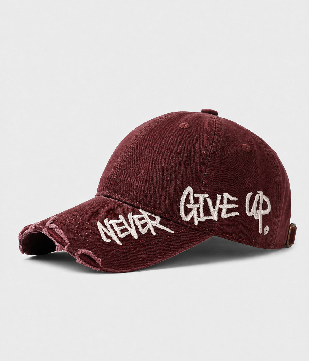 NEVER GIVE UP. washed distressed cotton dad cap in RED, side view
