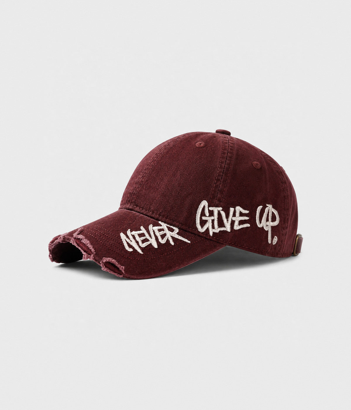 NEVER GIVE UP. washed distressed cotton dad cap in RED, side view
