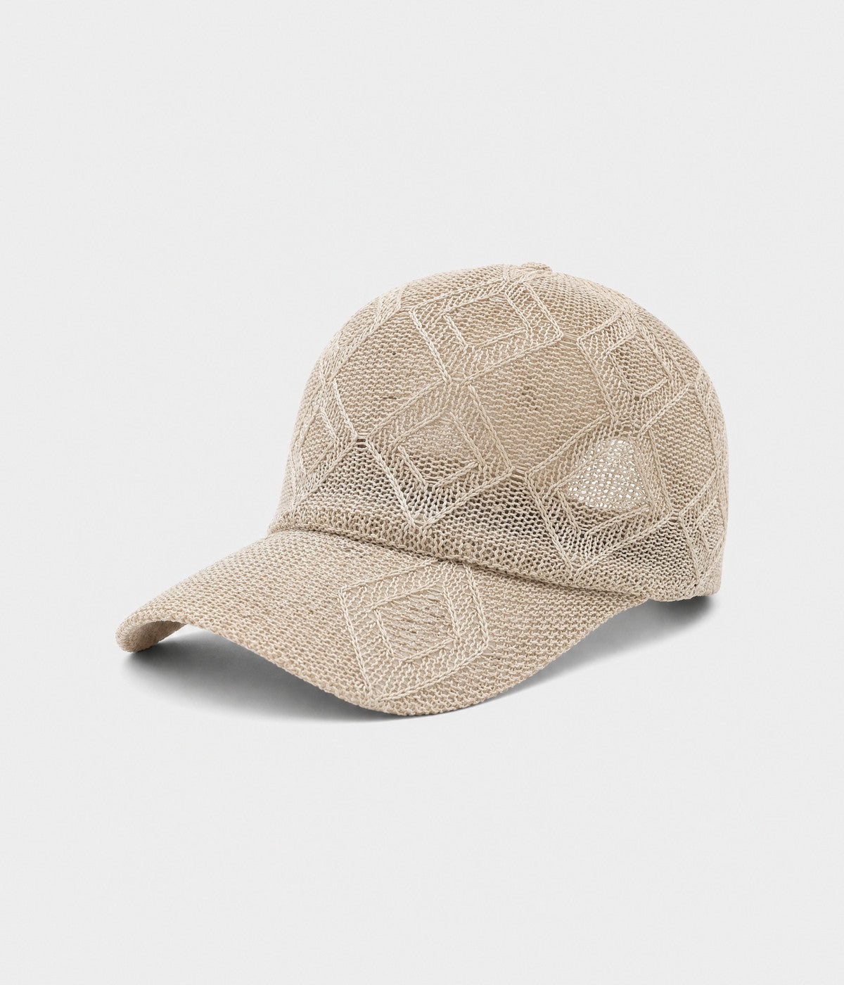 OPEN KNIT. open-knit lattice cap in beige, side view