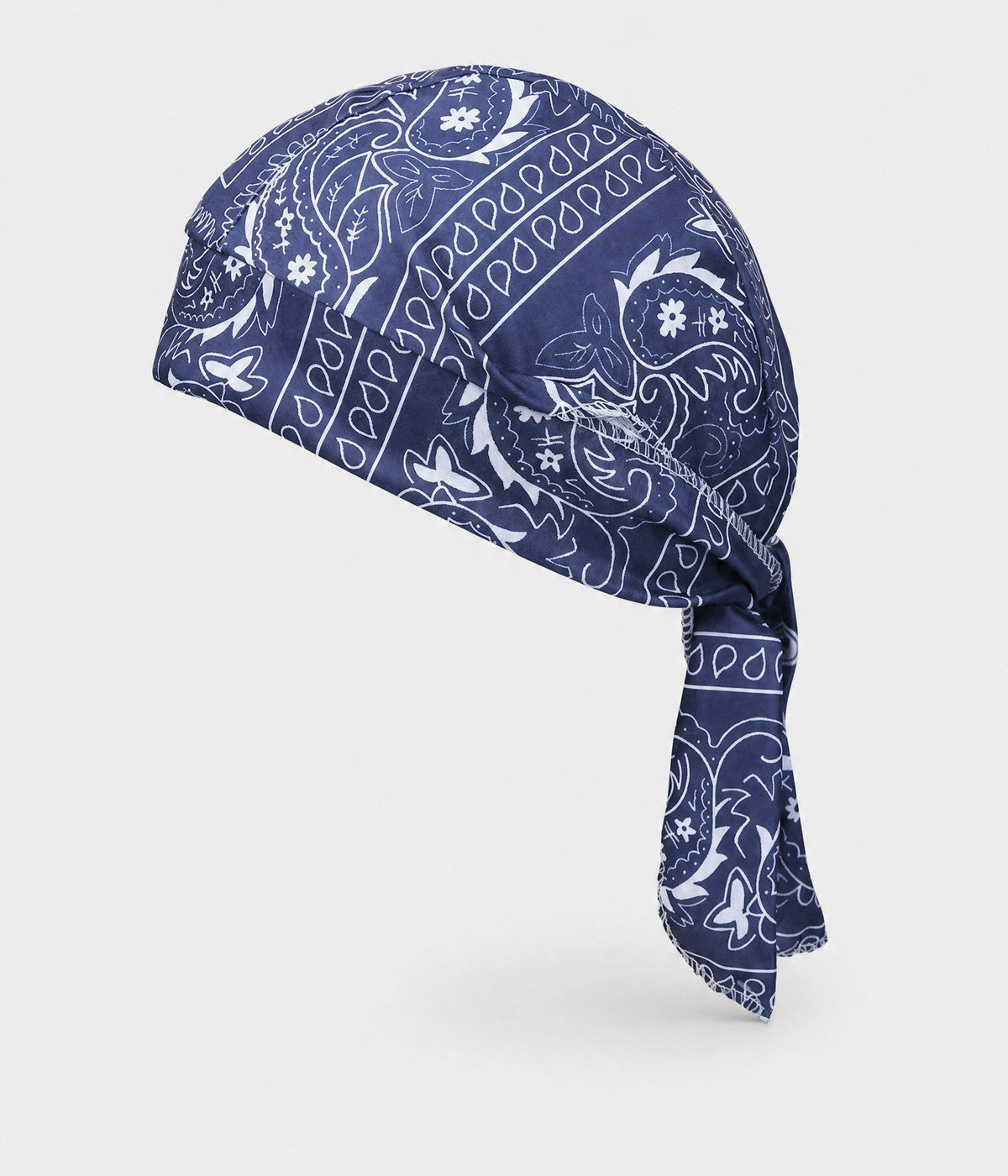 BANDANA CAP. pre-tied paisley bandana cap in navy, front view