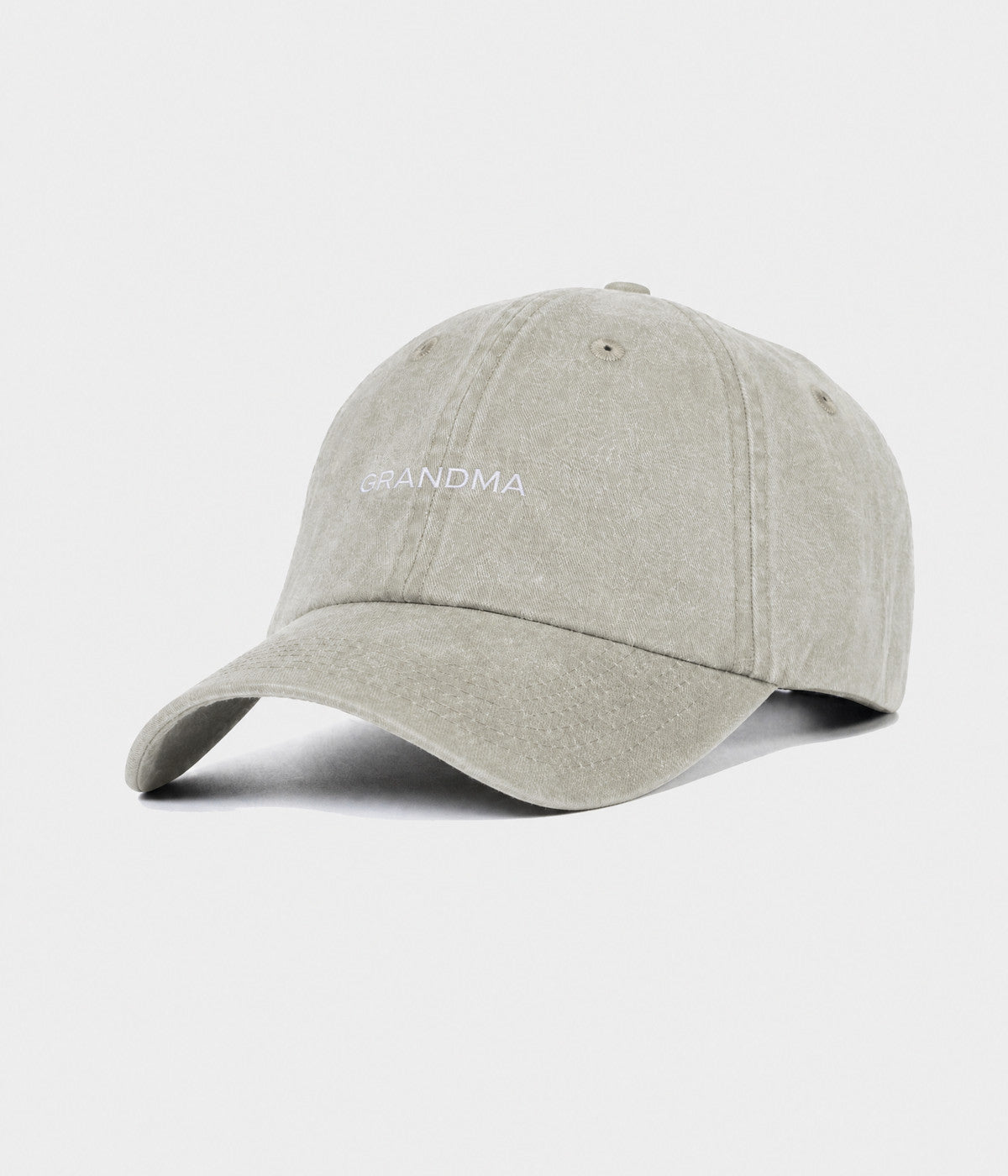 WASHED GRANDMA. washed cotton dad cap in GRAYISH SHEEN, side view