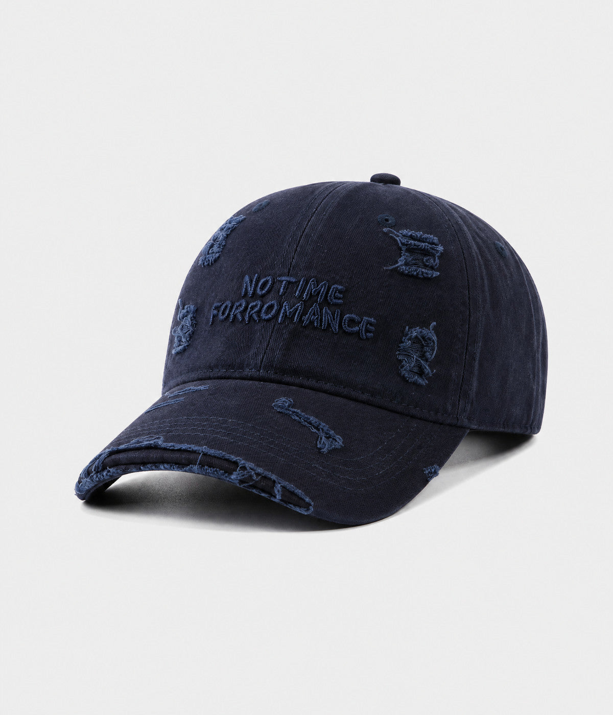 NO TIME FOR ROMANCE. washed cotton cap in NAVY, side view