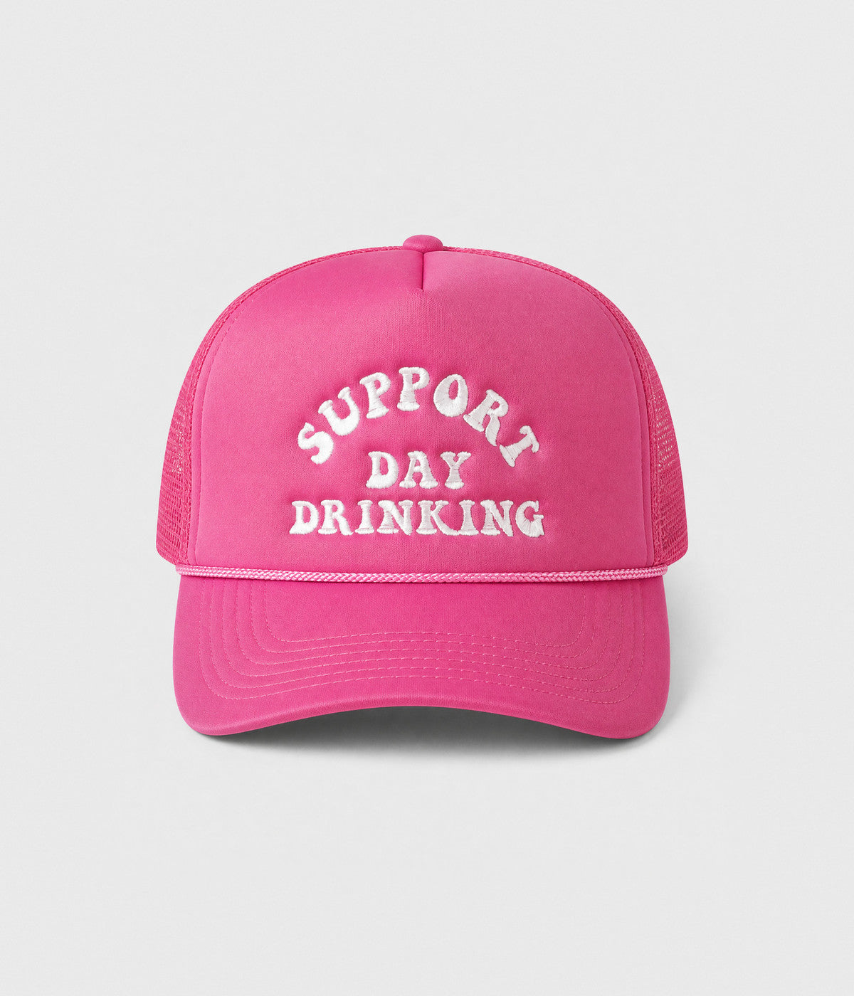 SUPPORT DAY DRINKING TRUCKER. foam-front mesh trucker cap in ROSE, front view