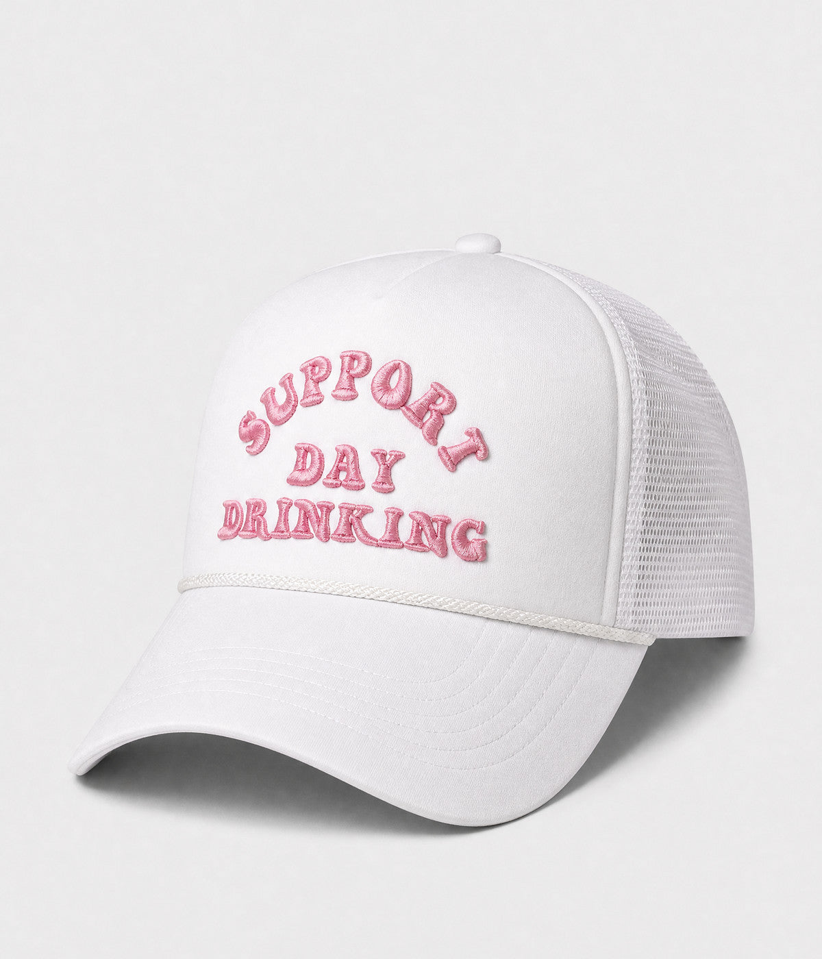SUPPORT DAY DRINKING TRUCKER. foam-front mesh trucker cap in WHITE, side view