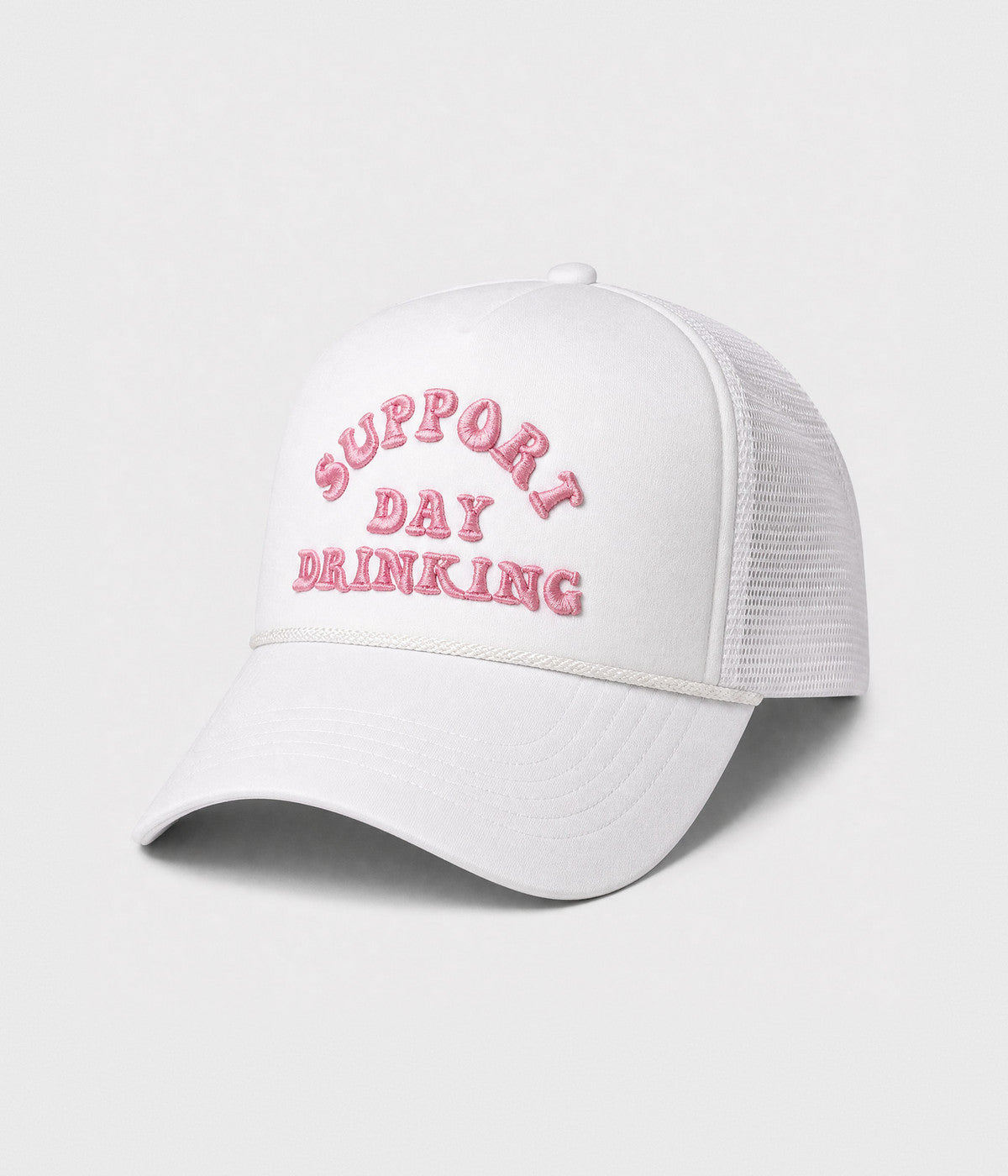 SUPPORT DAY DRINKING TRUCKER. foam-front mesh trucker cap in WHITE, side view