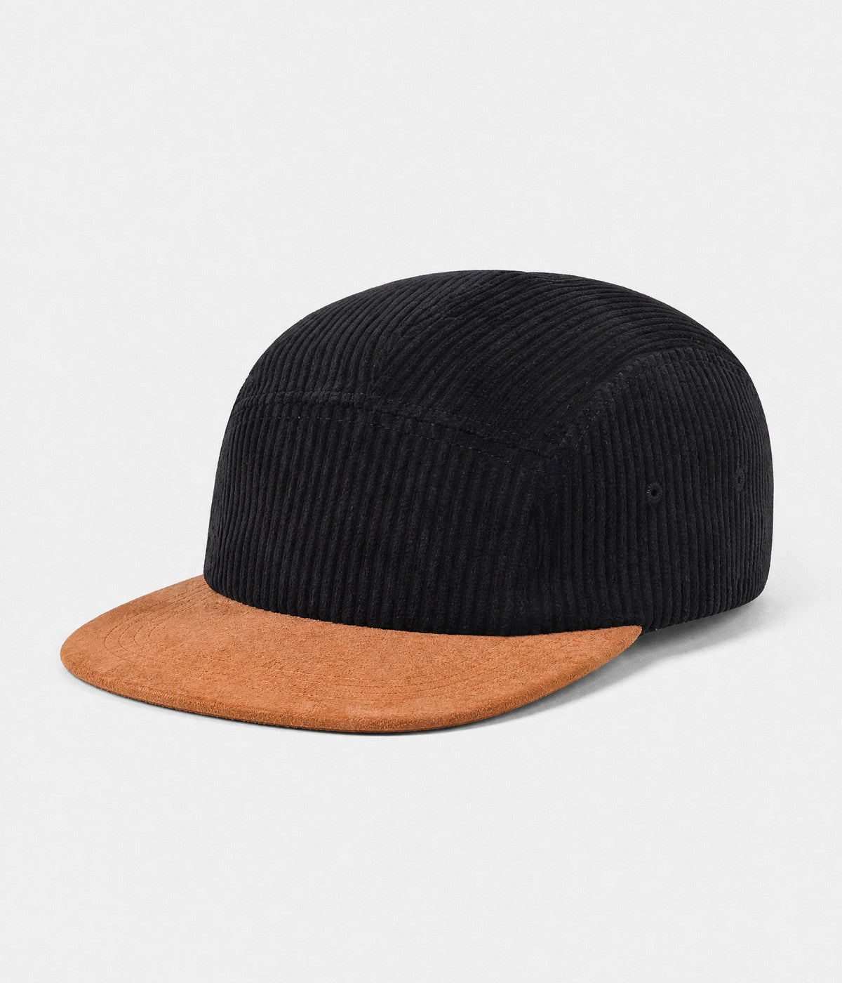 CORDUROY CAMP. wide-wale corduroy five-panel camp cap in black, side view