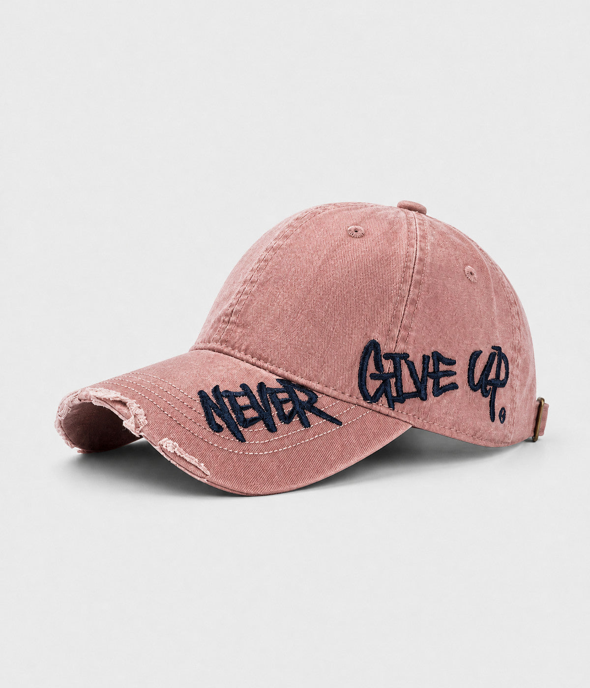 NEVER GIVE UP. washed distressed cotton dad cap in PINK, side view