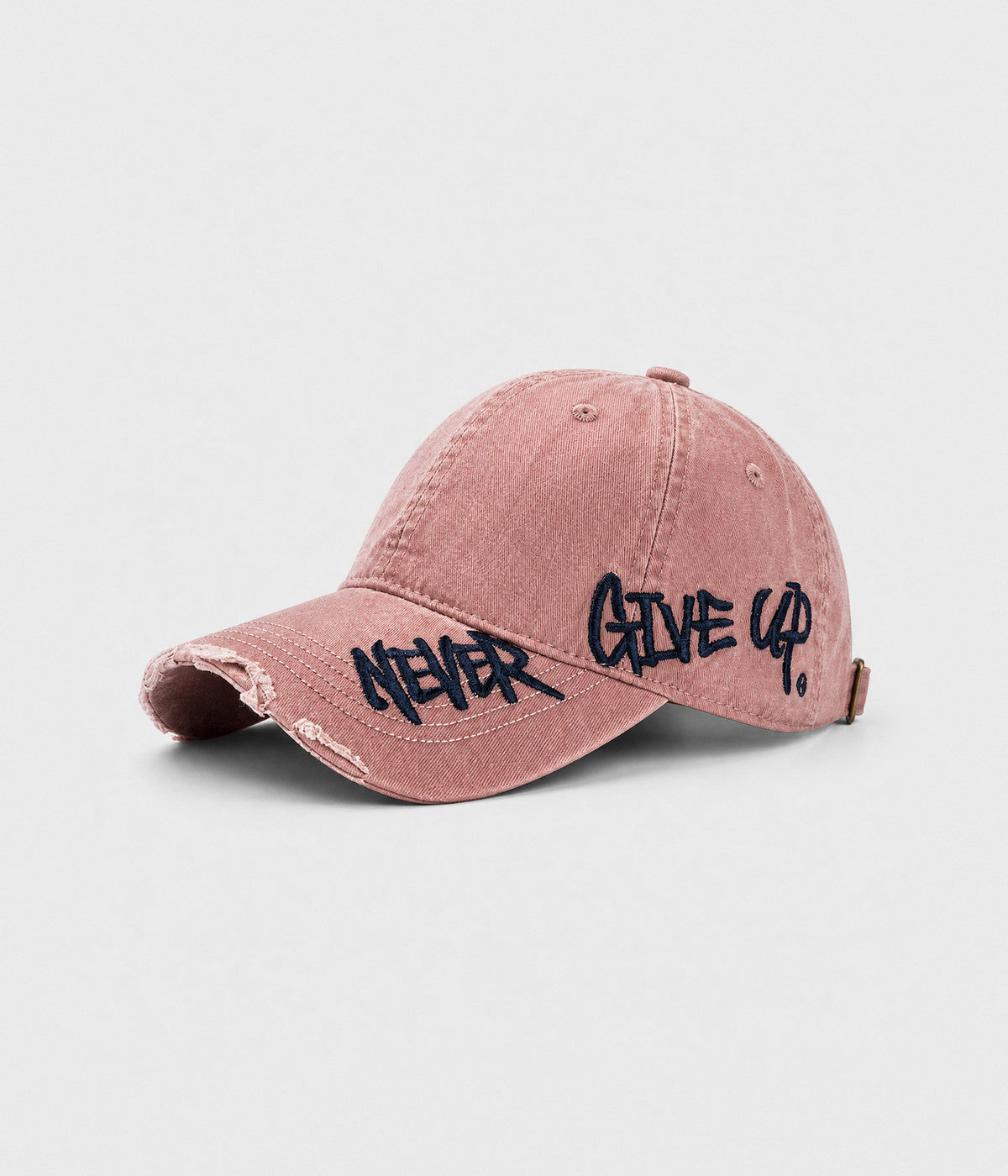 NEVER GIVE UP. washed distressed cotton dad cap in PINK, side view