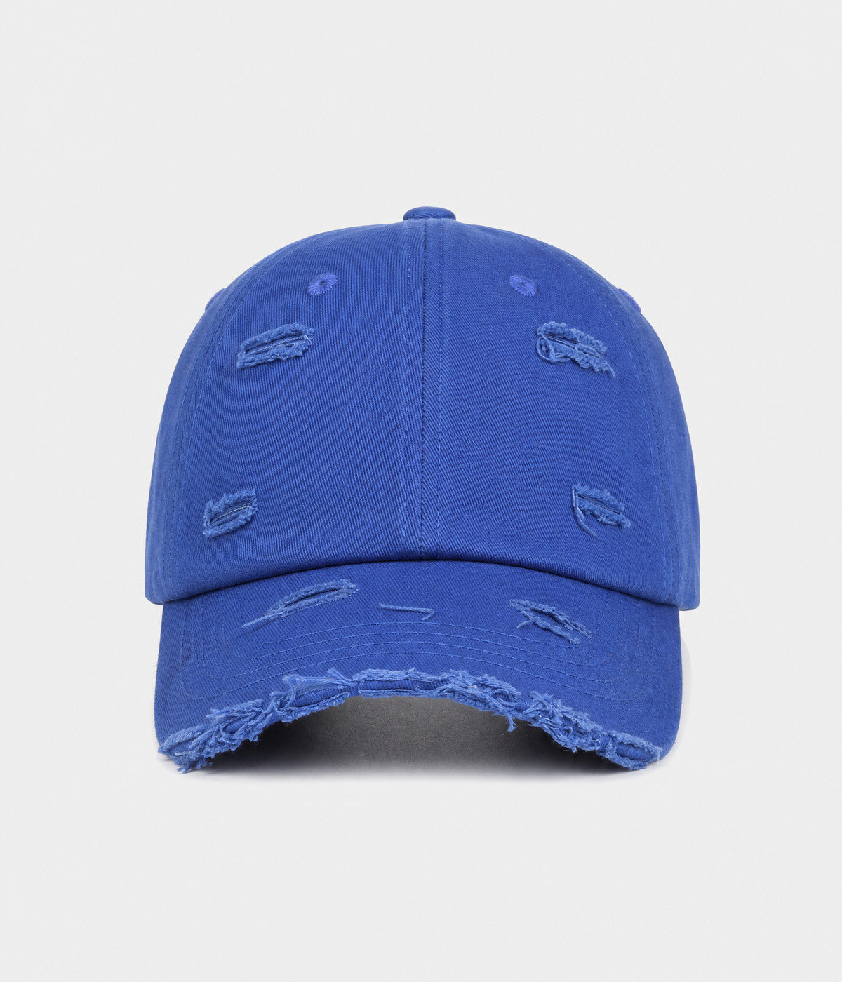 RIPPED COTTON. distressed cotton cap in blue, front view