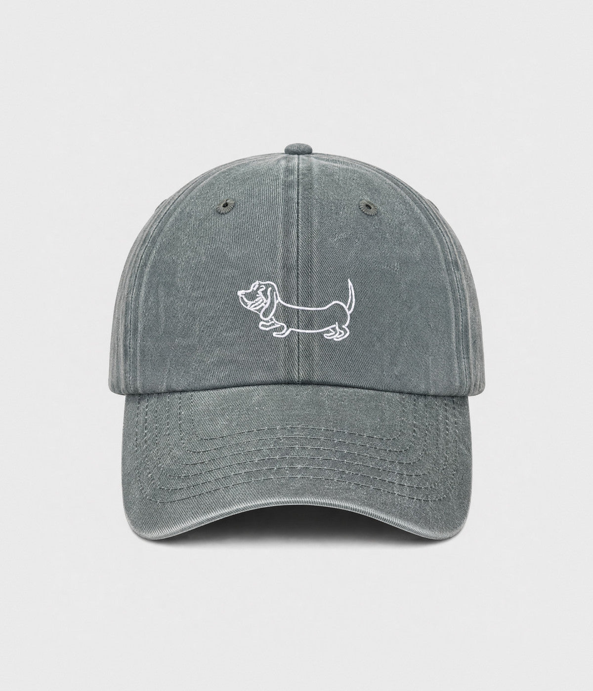 WASHED SAUSAGE DOG. washed cotton cap in GRAY, front view