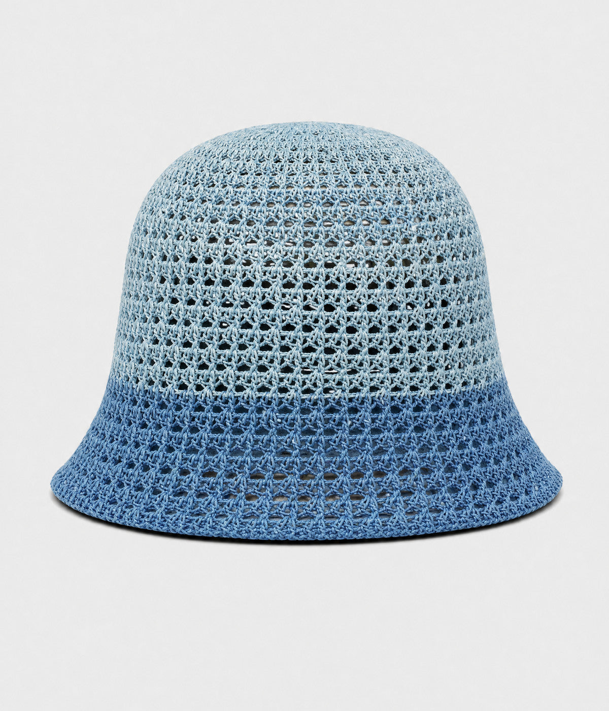 CROCHET BUCKET. open crochet cloche bucket hat in blue, front view