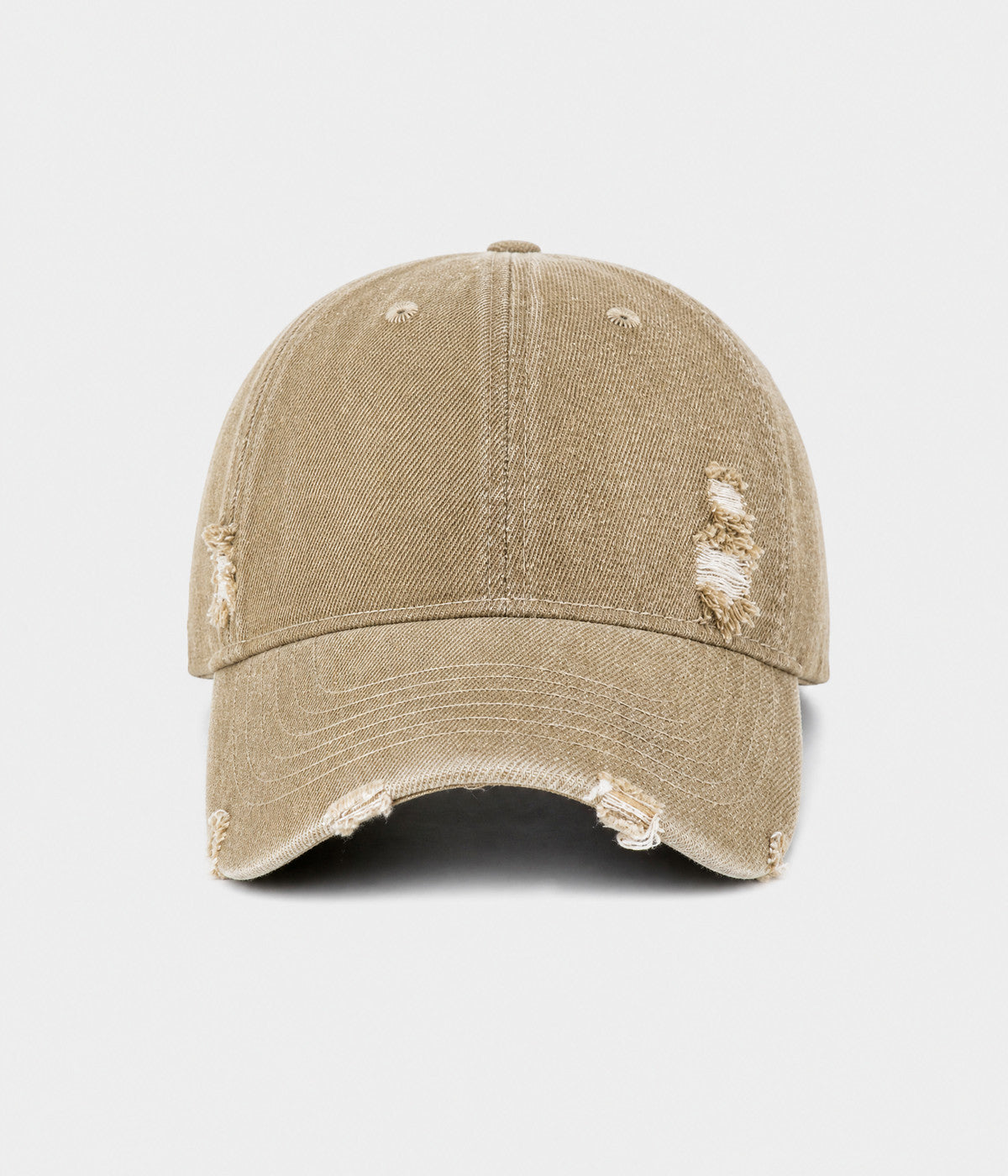 RIPPED DENIM. washed cotton denim cap in khaki, front view