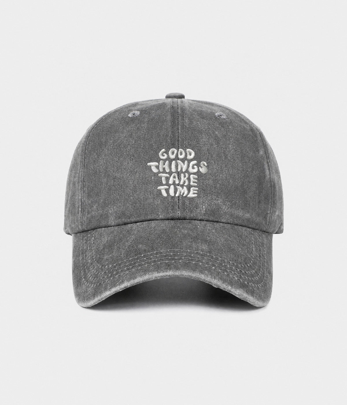 GOOD THINGS TAKE TIME. washed cotton dad cap in gray, front view
