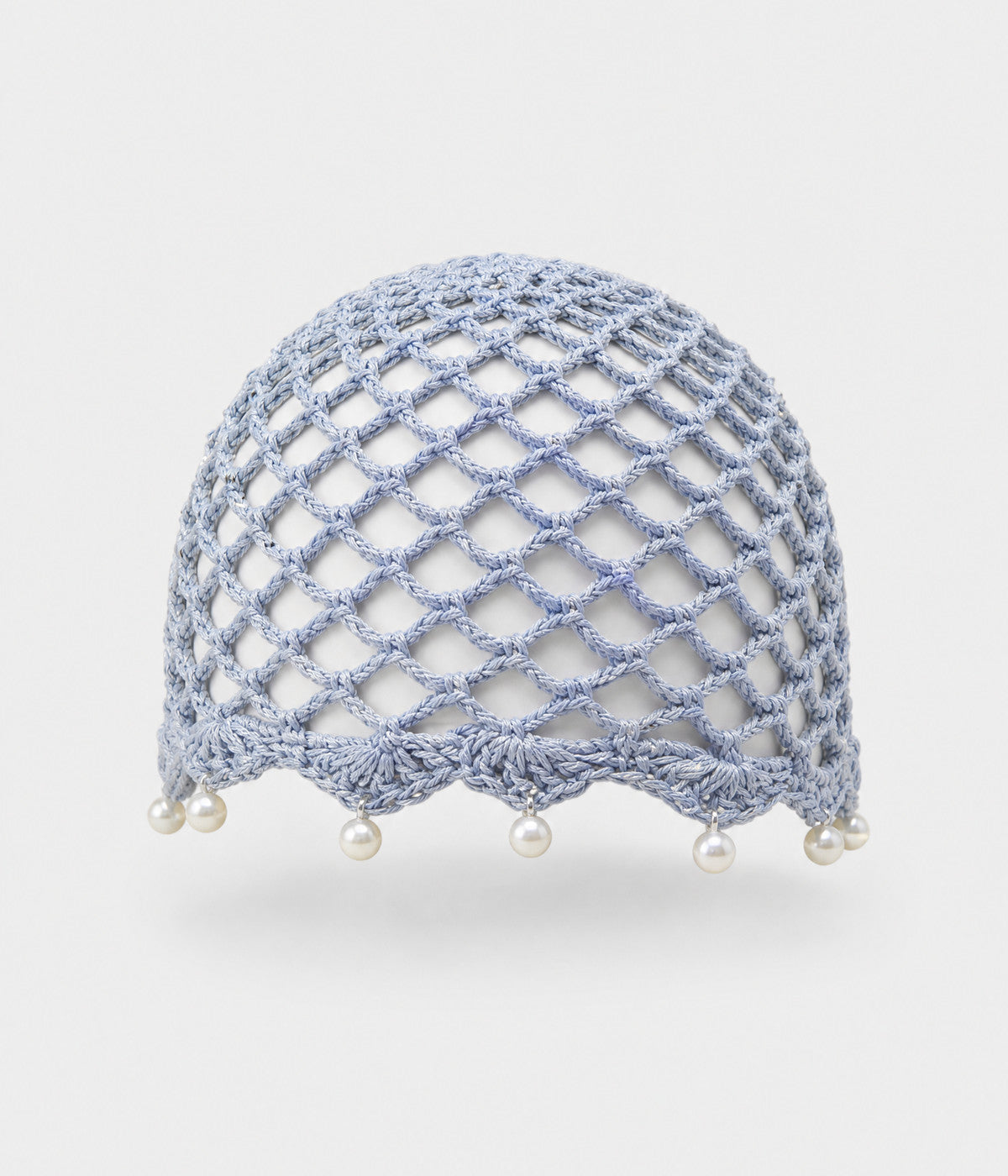 PEARL CROCHET CAP. open-mesh crochet cloche with pearl trim in light blue, front view