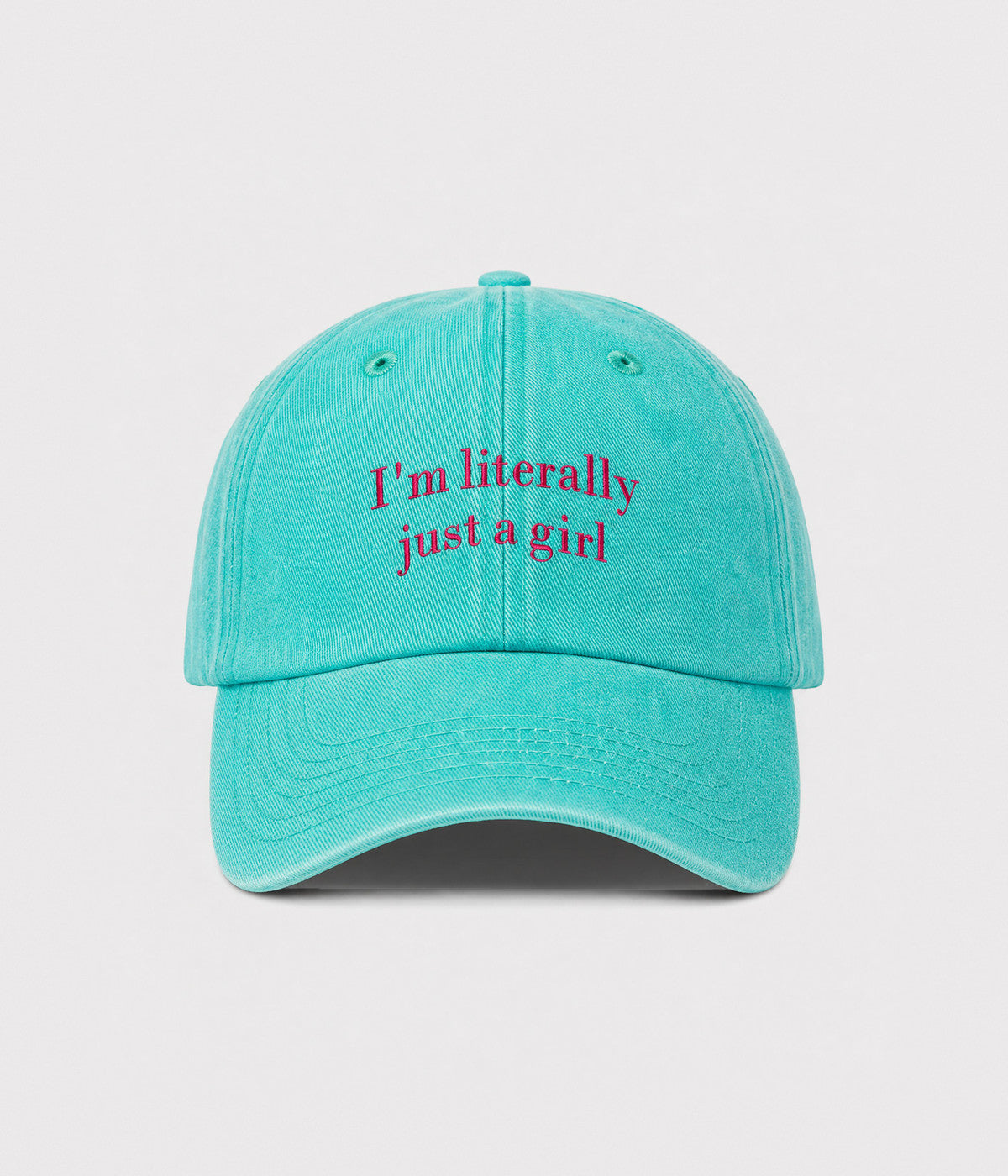 I'M LITERALLY JUST A GIRL. washed cotton cap in GREEN, front view