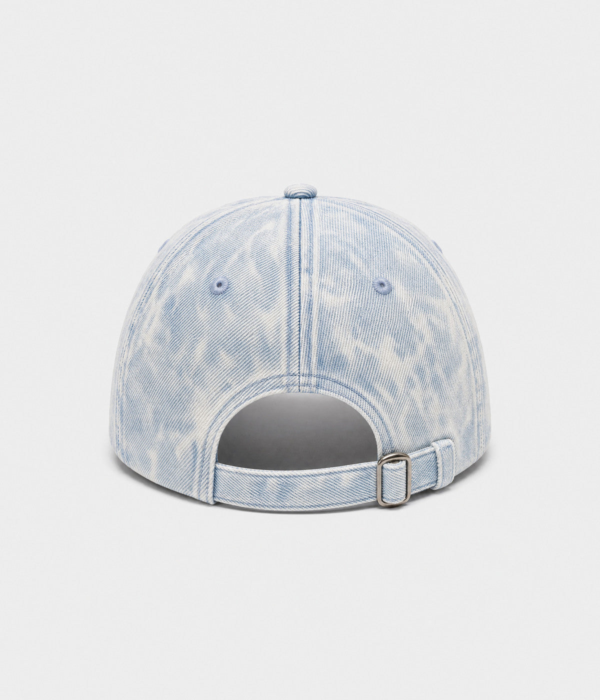 SNOW WASH DENIM. acid-washed denim cap in light blue, back view