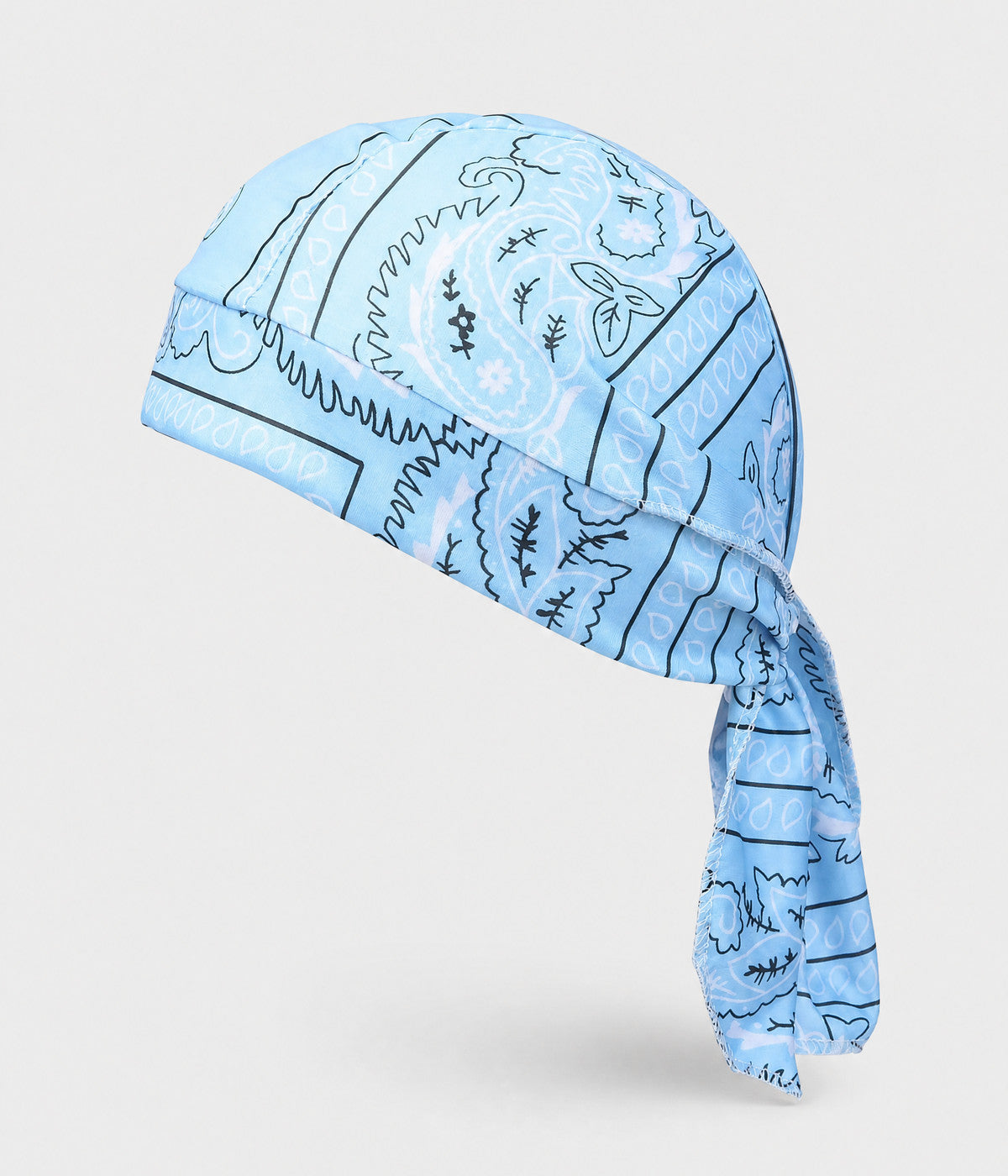 BANDANA CAP. pre-tied paisley bandana cap in sky blue, front view