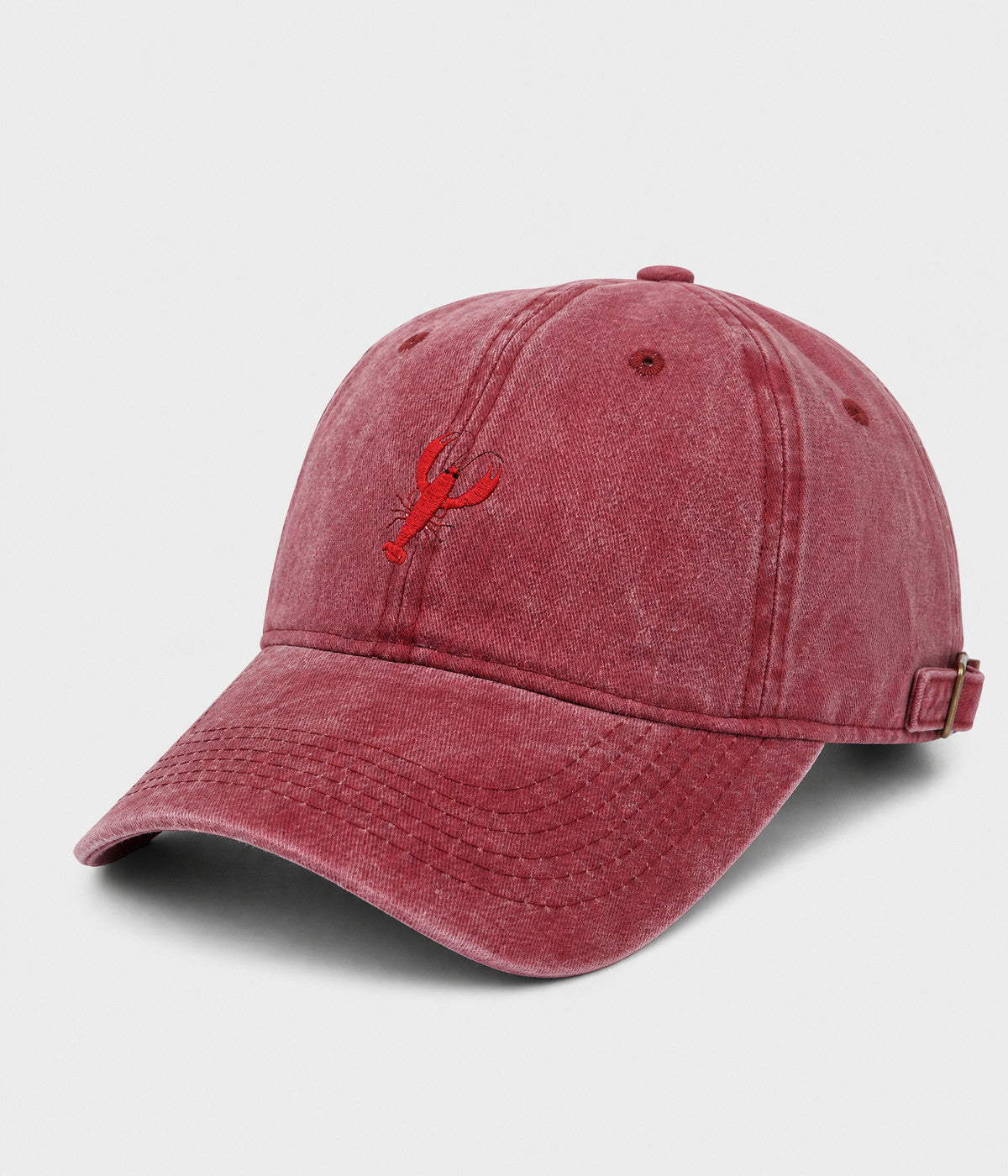 WASHED LOBSTER. washed cotton dad cap in RED, side view
