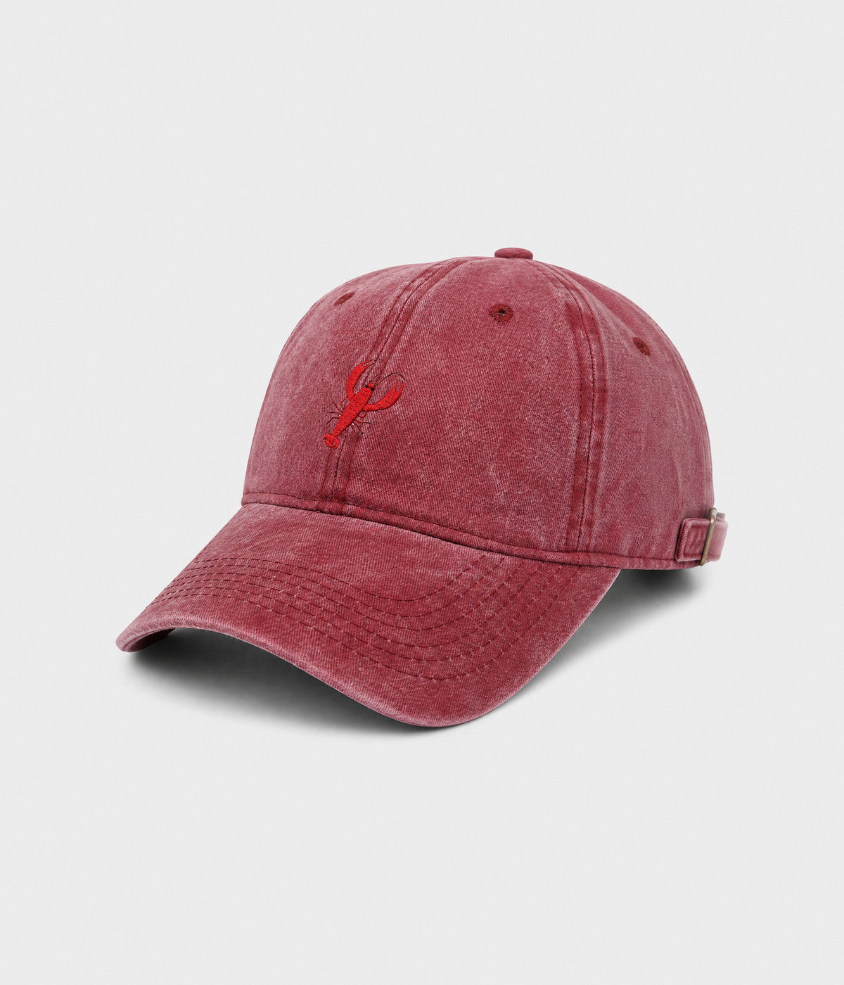 WASHED LOBSTER. washed cotton dad cap in RED, side view