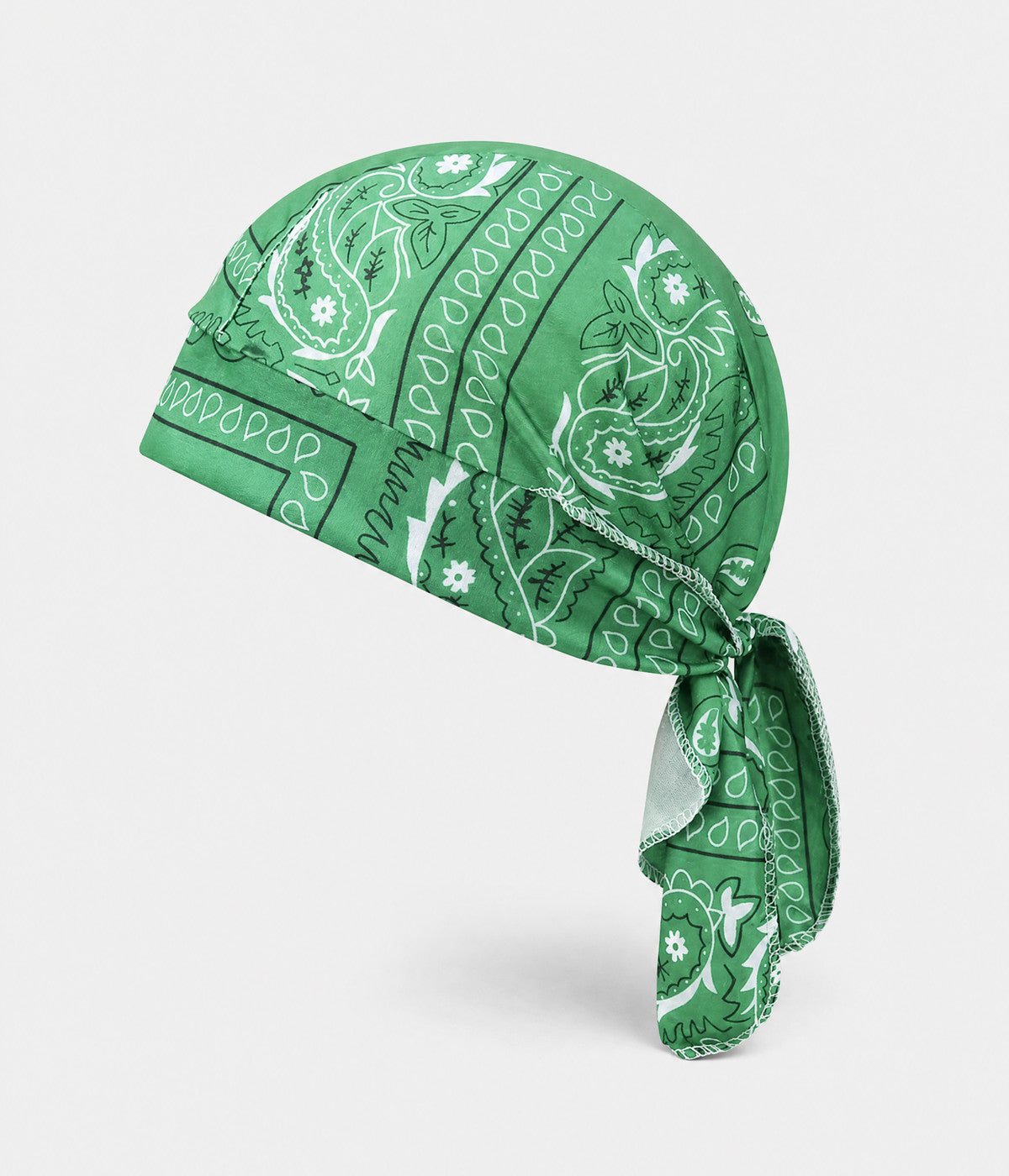 BANDANA CAP. pre-tied paisley bandana cap in green, front view