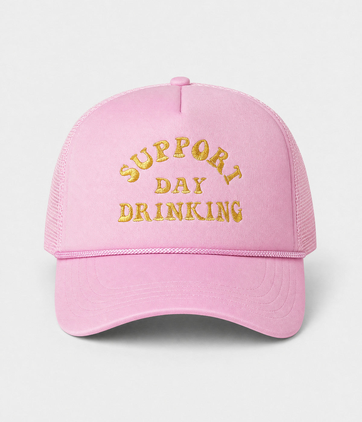 SUPPORT DAY DRINKING TRUCKER. foam-front mesh trucker cap in PINK, front view