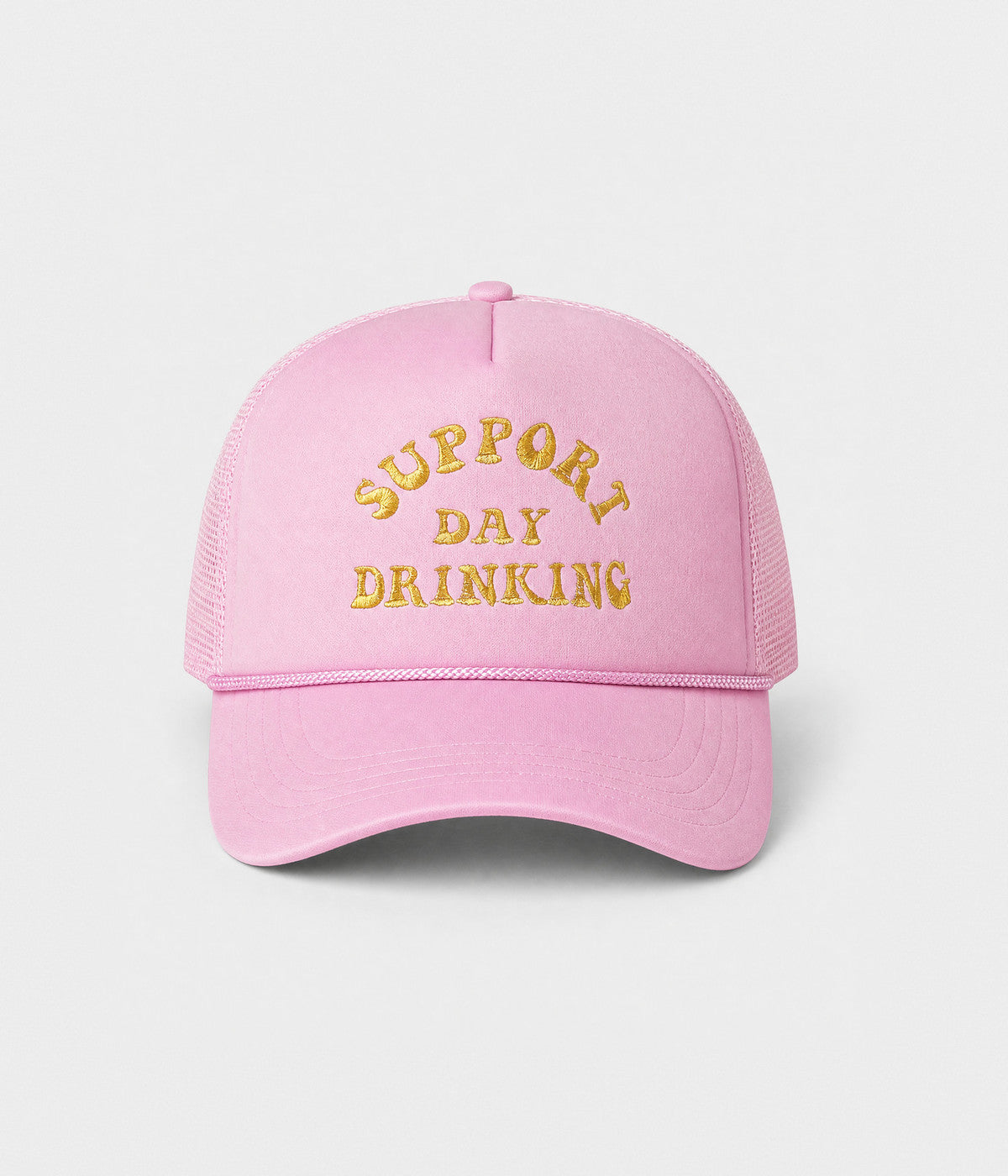 SUPPORT DAY DRINKING TRUCKER. foam-front mesh trucker cap in PINK, front view
