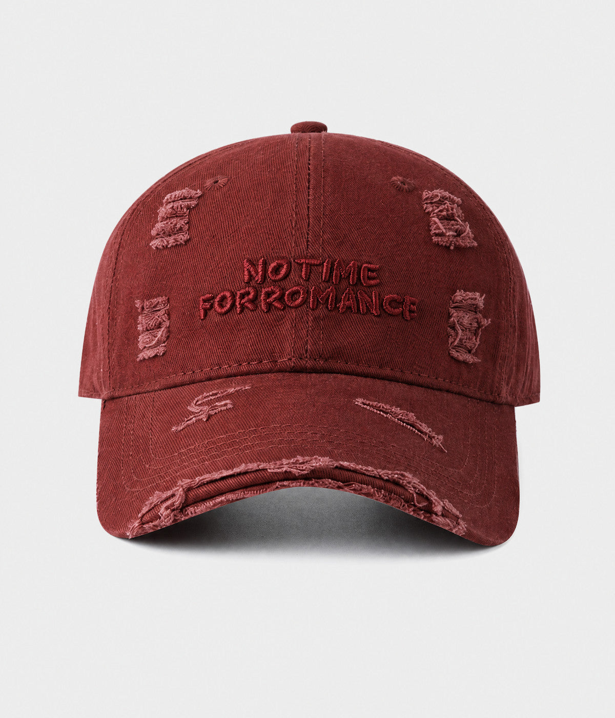 NO TIME FOR ROMANCE. washed cotton cap in DARK RED, front view