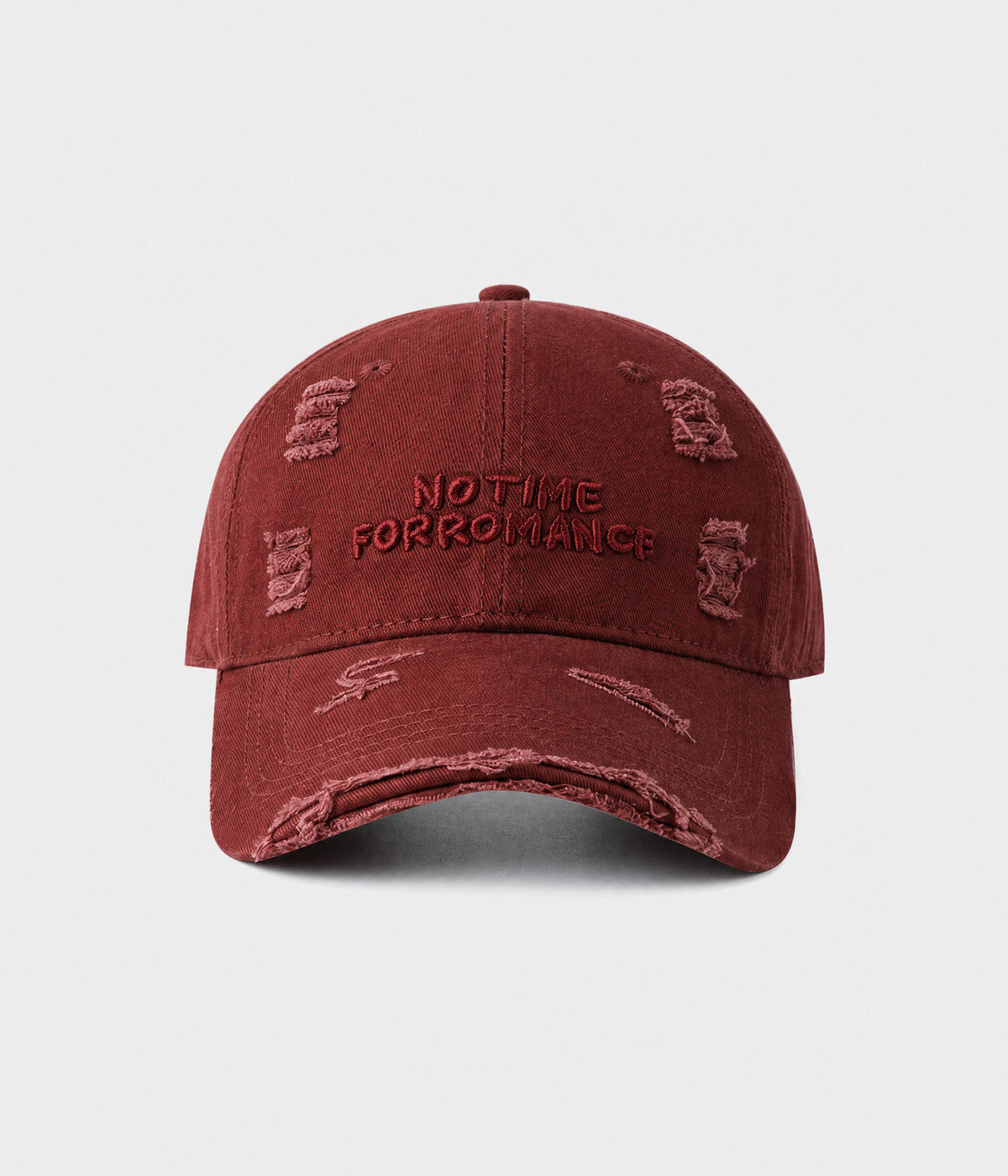 NO TIME FOR ROMANCE. washed cotton cap in DARK RED, front view